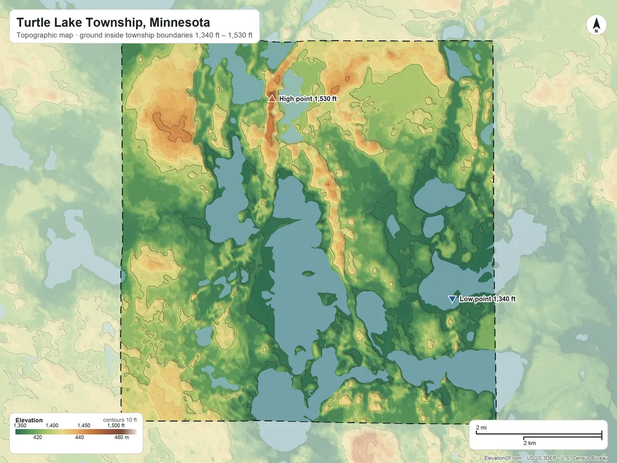 Topographic elevation map of Turtle Lake Township, Minnesota, shaded from 1,340 ft on the east side to 1,530 ft on the north side