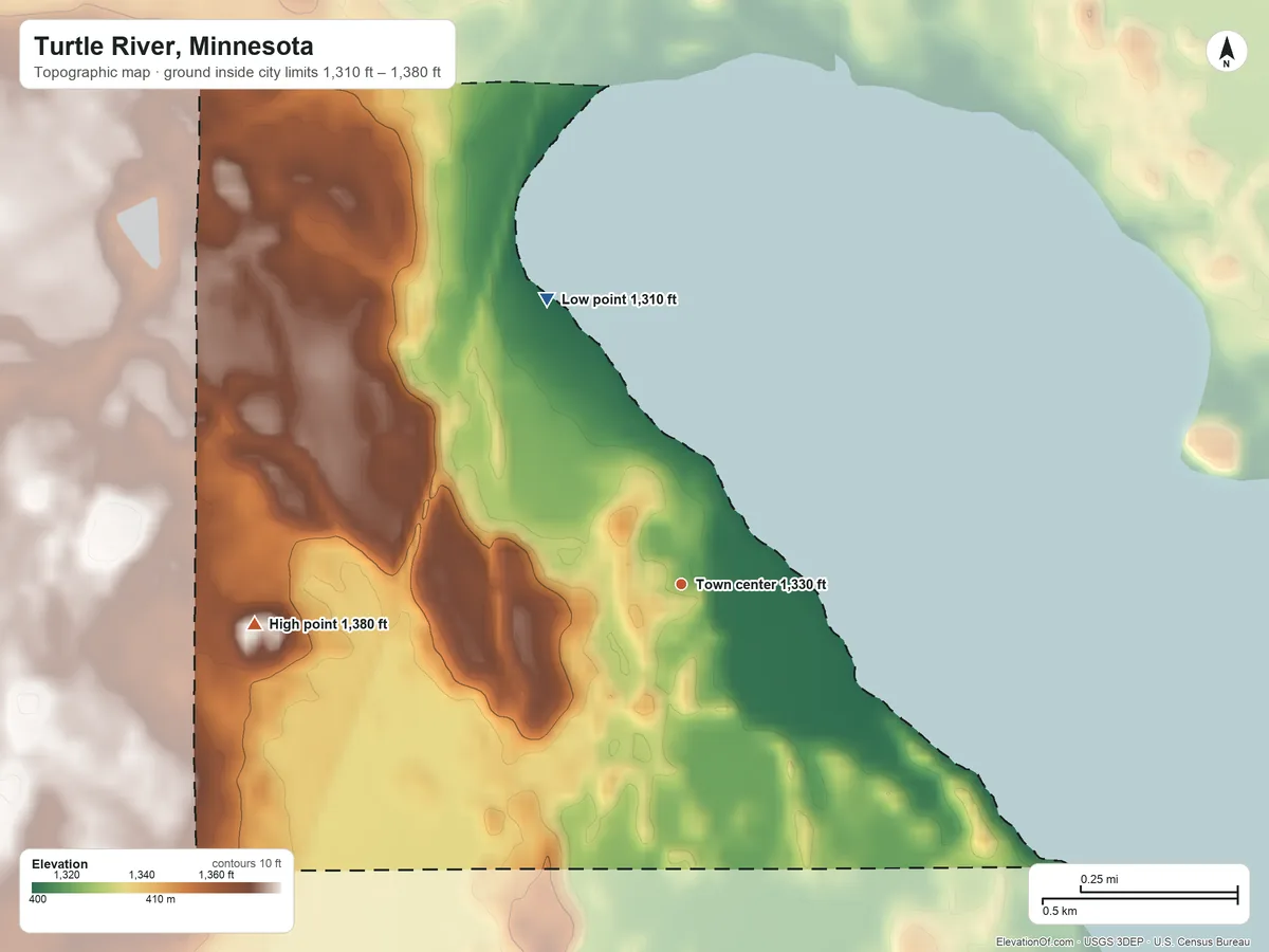 Topographic elevation map of Turtle River, Minnesota, shaded from 1,310 ft on the northwest side to 1,380 ft on the west side