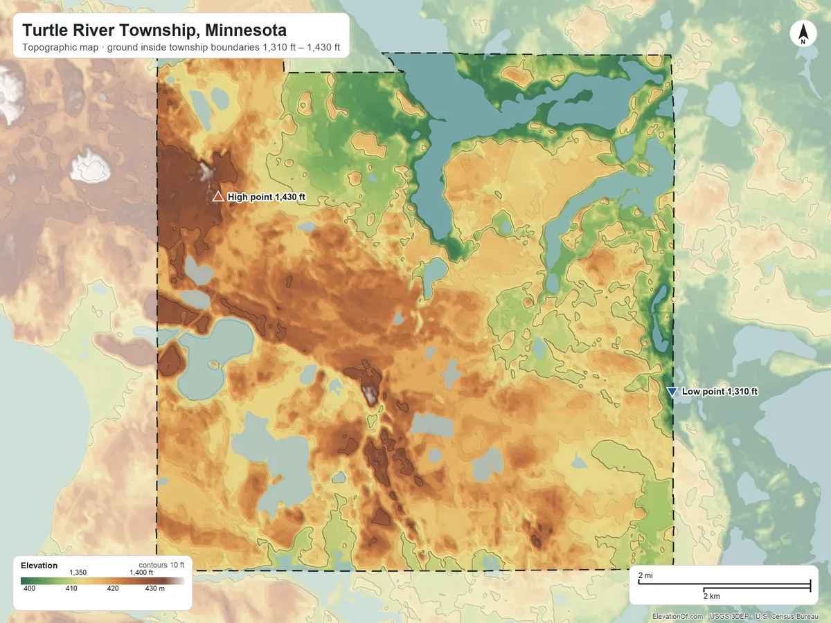 Topographic elevation map of Turtle River Township, Minnesota, shaded from 1,310 ft on the east side to 1,430 ft on the northwest side