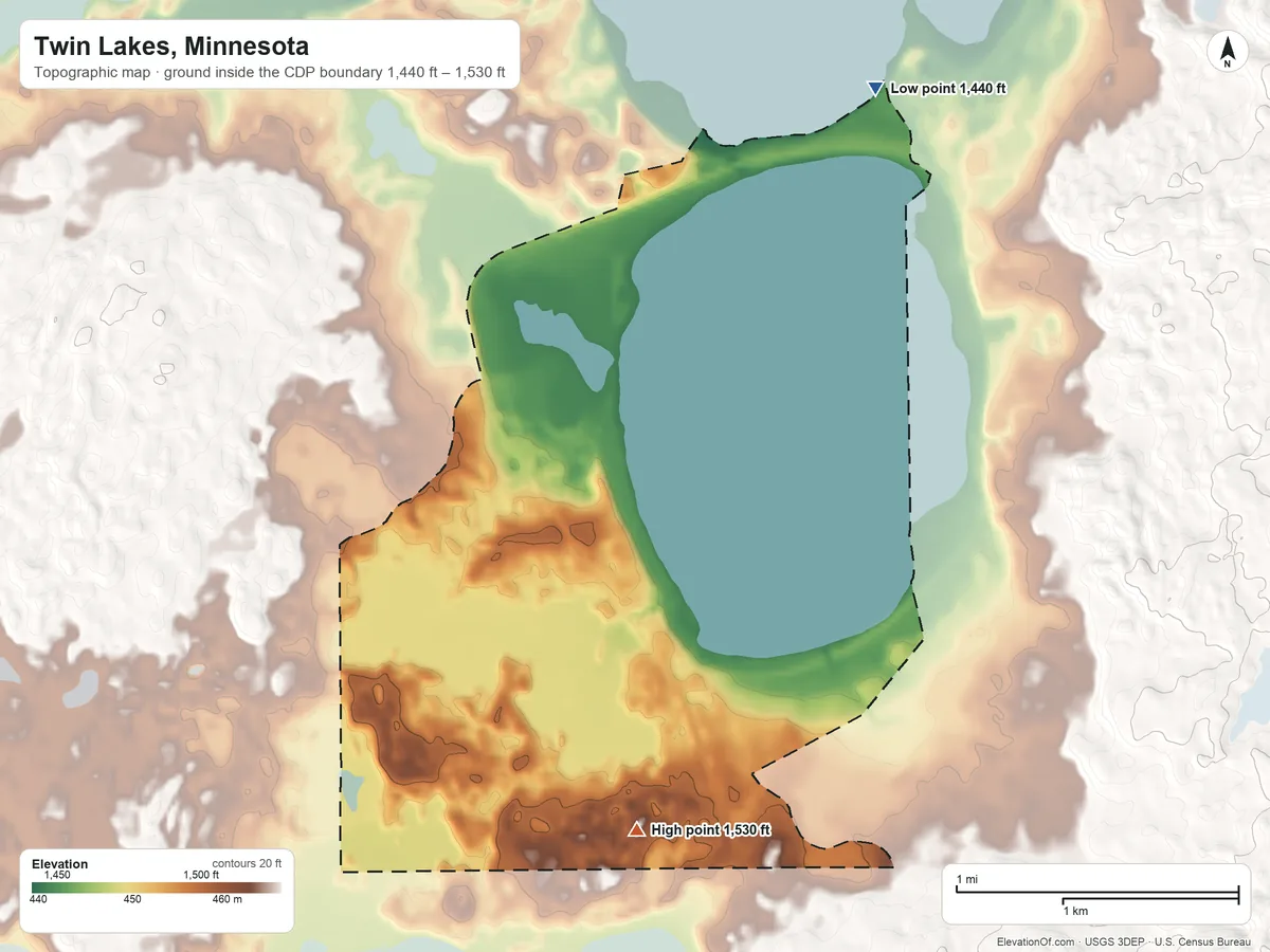 Topographic elevation map of Twin Lakes, Minnesota, shaded from 1,440 ft on the northeast side to 1,530 ft on the south side