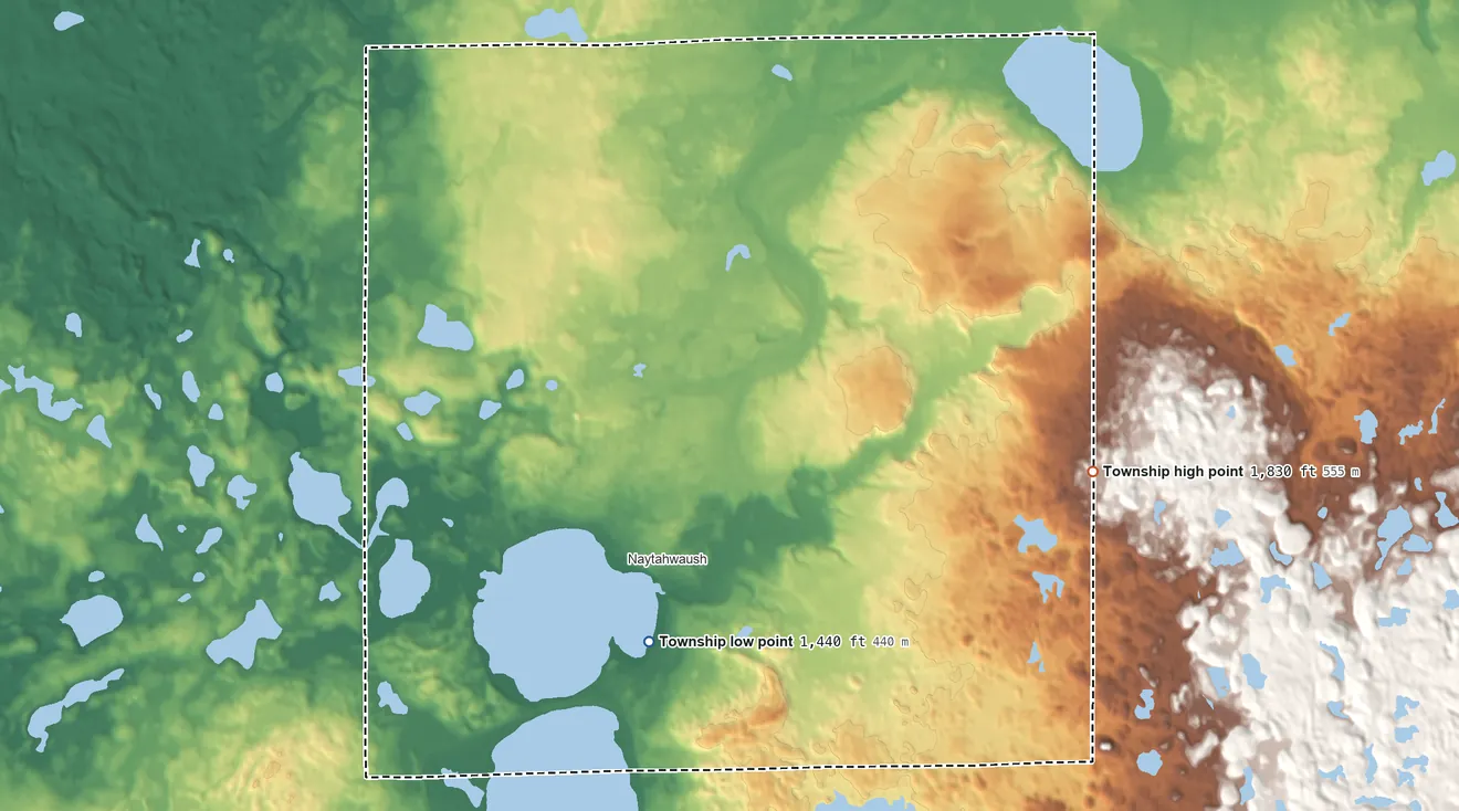 Topographic elevation map of Twin Lakes Township, Mahnomen County, Minnesota, shaded from 1,440 ft on the south side to 1,830 ft on the east side