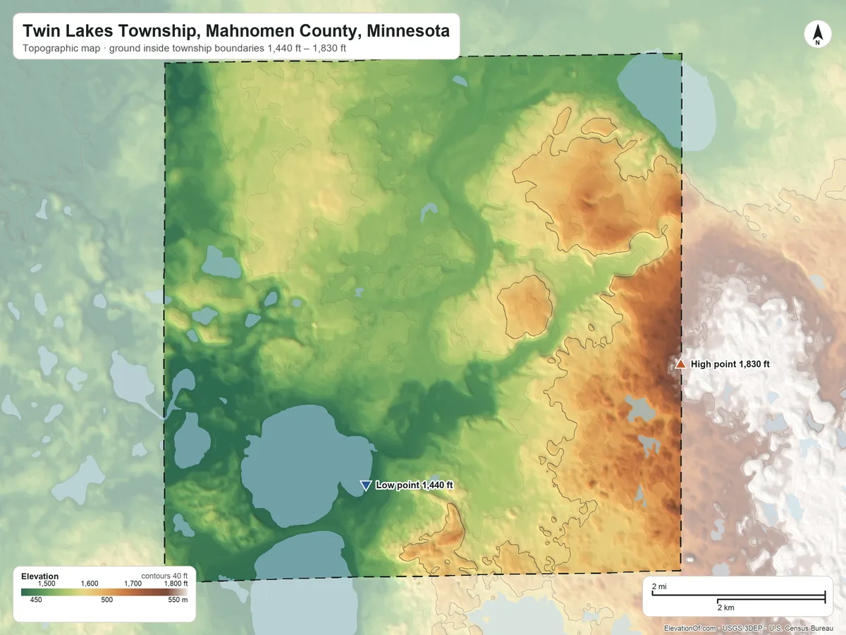 Topographic elevation map of Twin Lakes Township, Mahnomen County, Minnesota, shaded from 1,440 ft on the south side to 1,830 ft on the east side