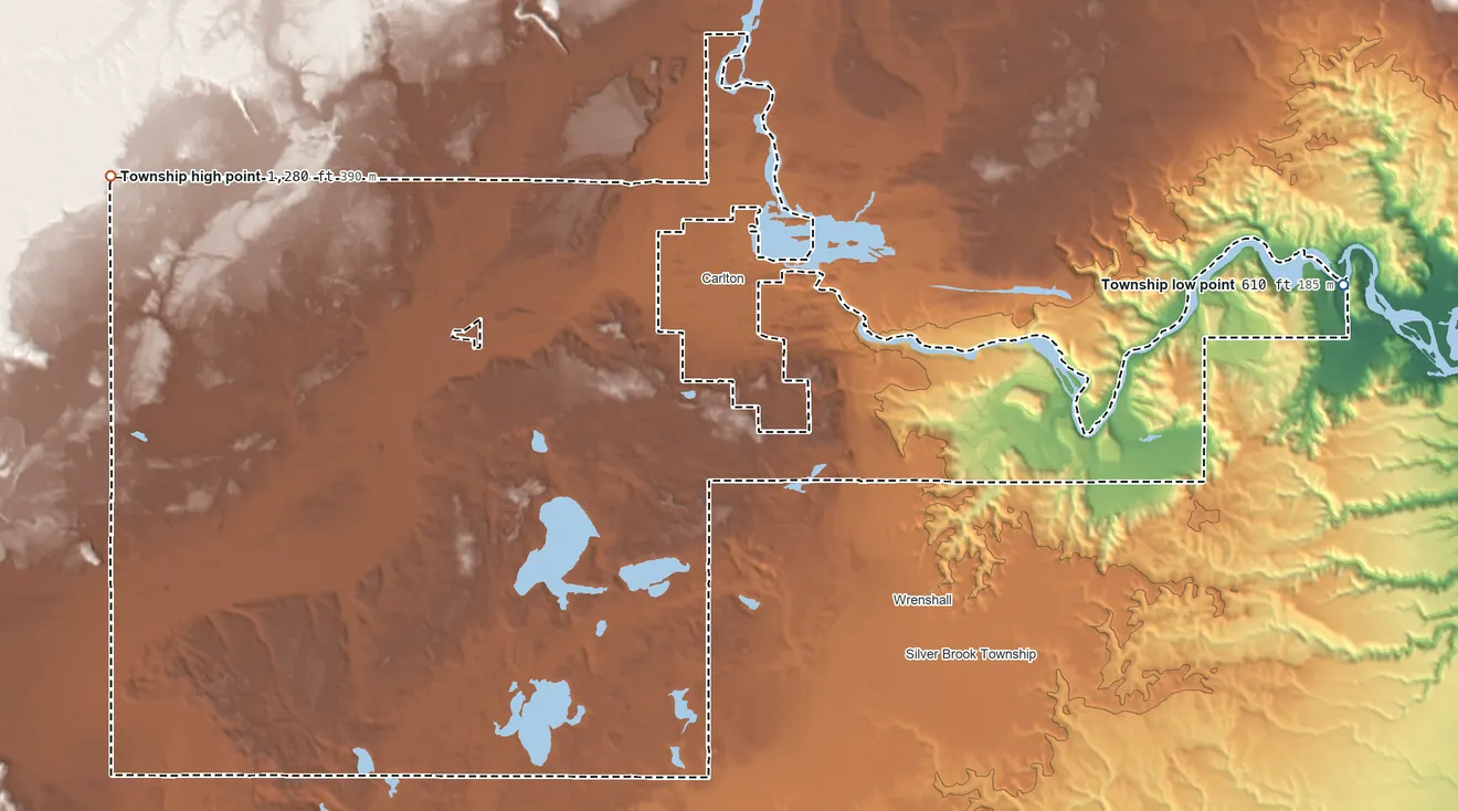 Topographic elevation map of Twin Lakes Township, Minnesota, shaded from 610 ft on the east side to 1,280 ft on the west side