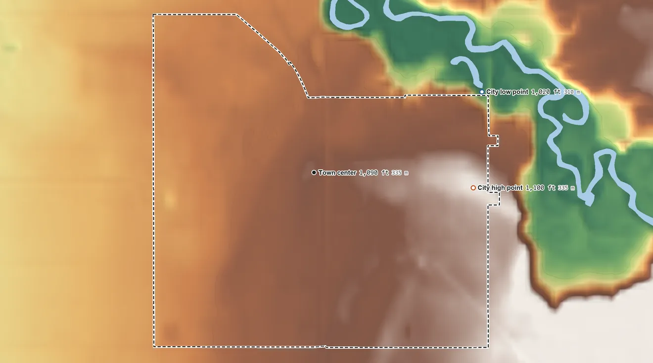 Topographic elevation map of Twin Valley, Minnesota, shaded from 1,020 ft on the northeast side to 1,100 ft on the east side