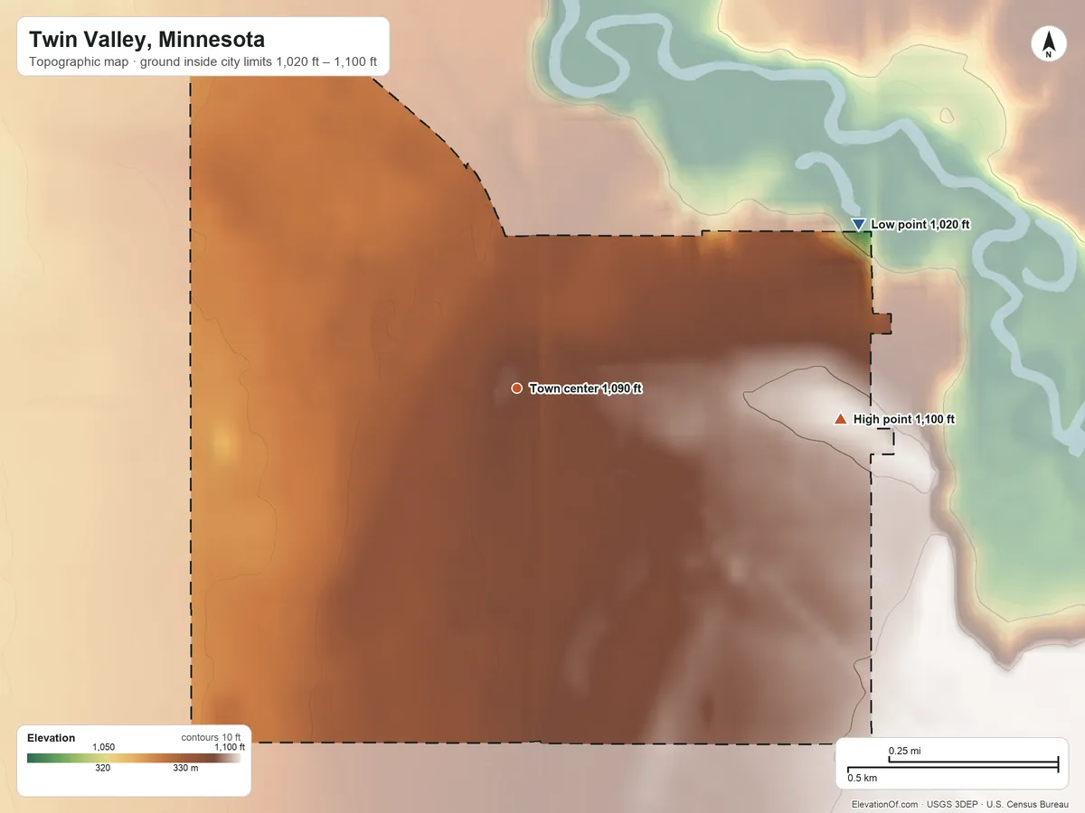 Topographic elevation map of Twin Valley, Minnesota, shaded from 1,020 ft on the northeast side to 1,100 ft on the east side