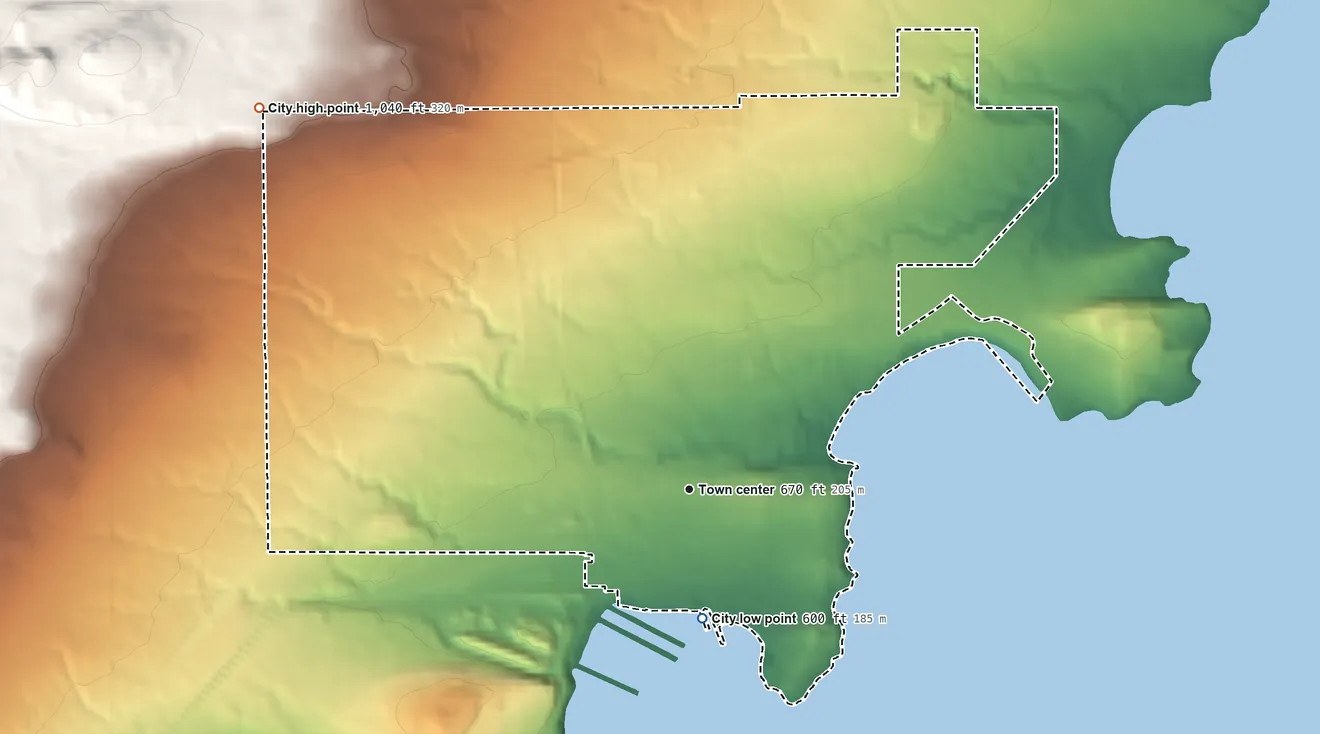 Topographic elevation map of Two Harbors, Minnesota, shaded from 600 ft on the south side to 1,040 ft on the northwest side