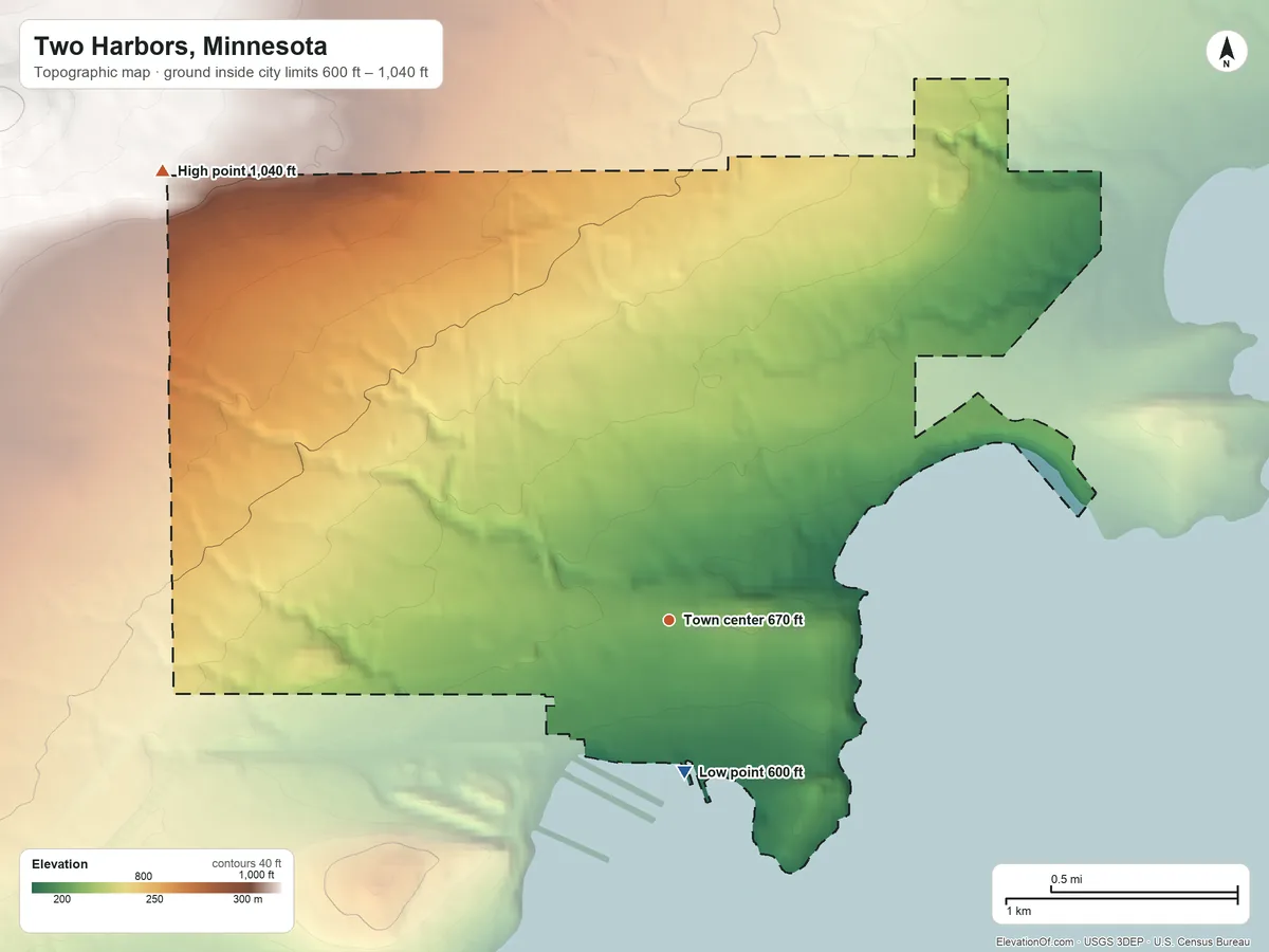 Topographic elevation map of Two Harbors, Minnesota, shaded from 600 ft on the south side to 1,040 ft on the northwest side