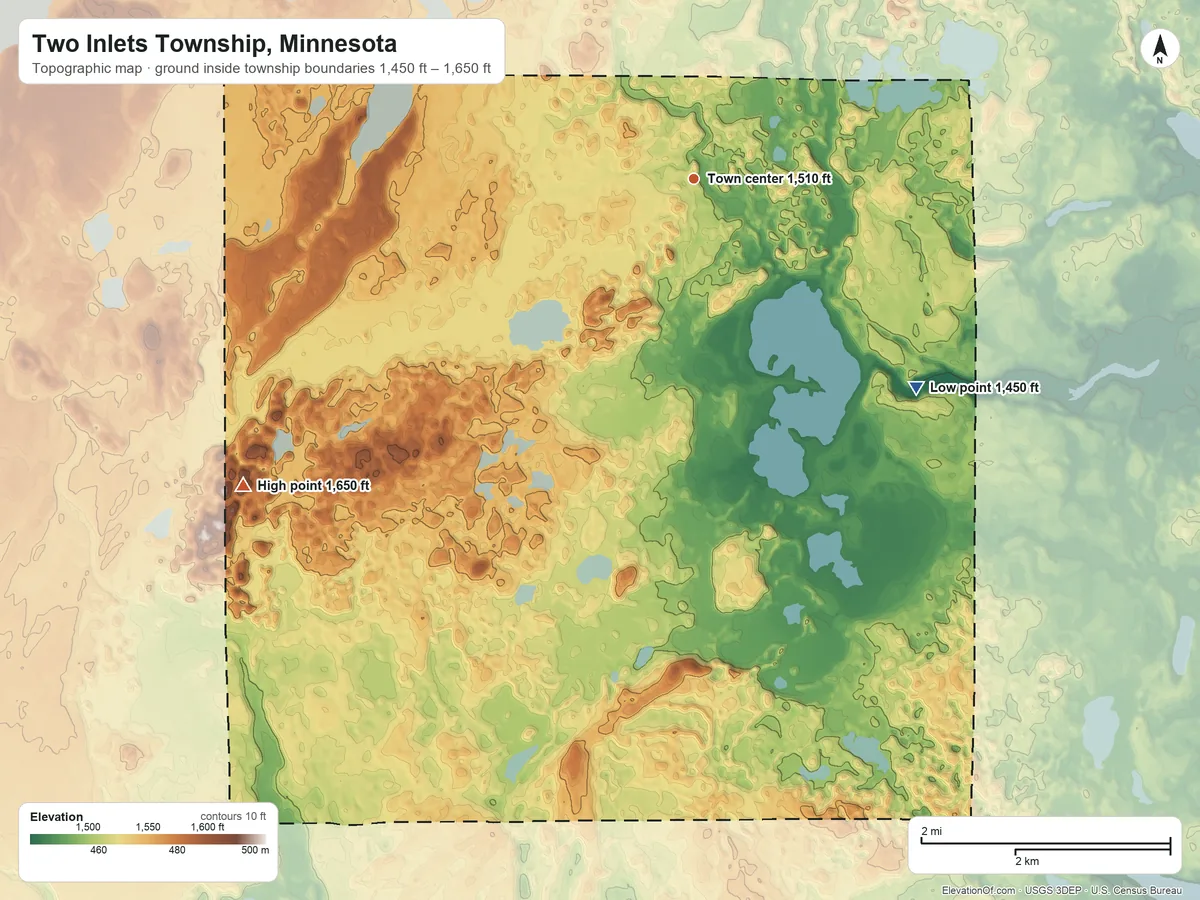 Topographic elevation map of Two Inlets Township, Minnesota, shaded from 1,450 ft on the southeast side to 1,650 ft on the southwest side