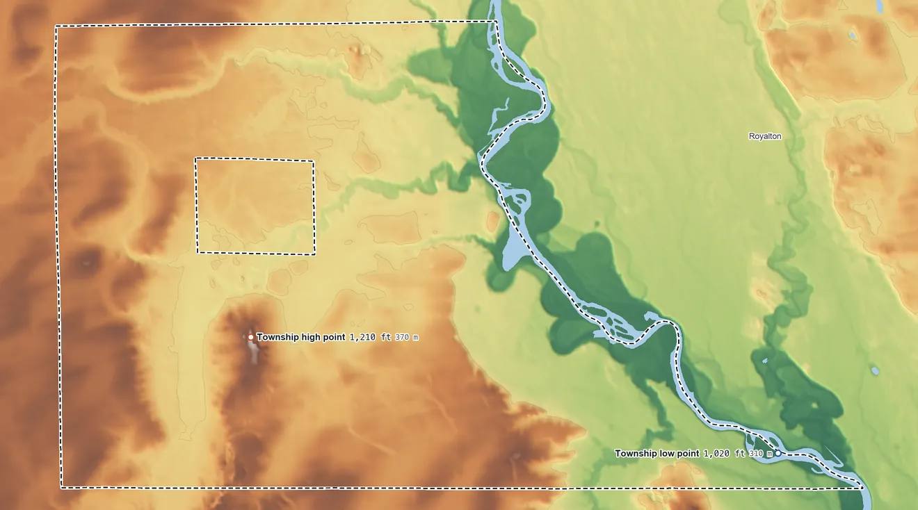 Topographic elevation map of Two Rivers Township, Minnesota, shaded from 1,020 ft on the southeast side to 1,210 ft on the southwest side