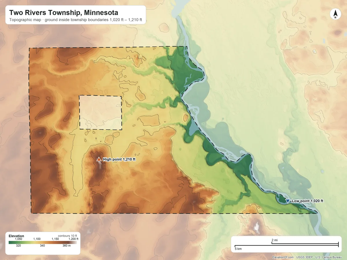 Topographic elevation map of Two Rivers Township, Minnesota, shaded from 1,020 ft on the southeast side to 1,210 ft on the southwest side