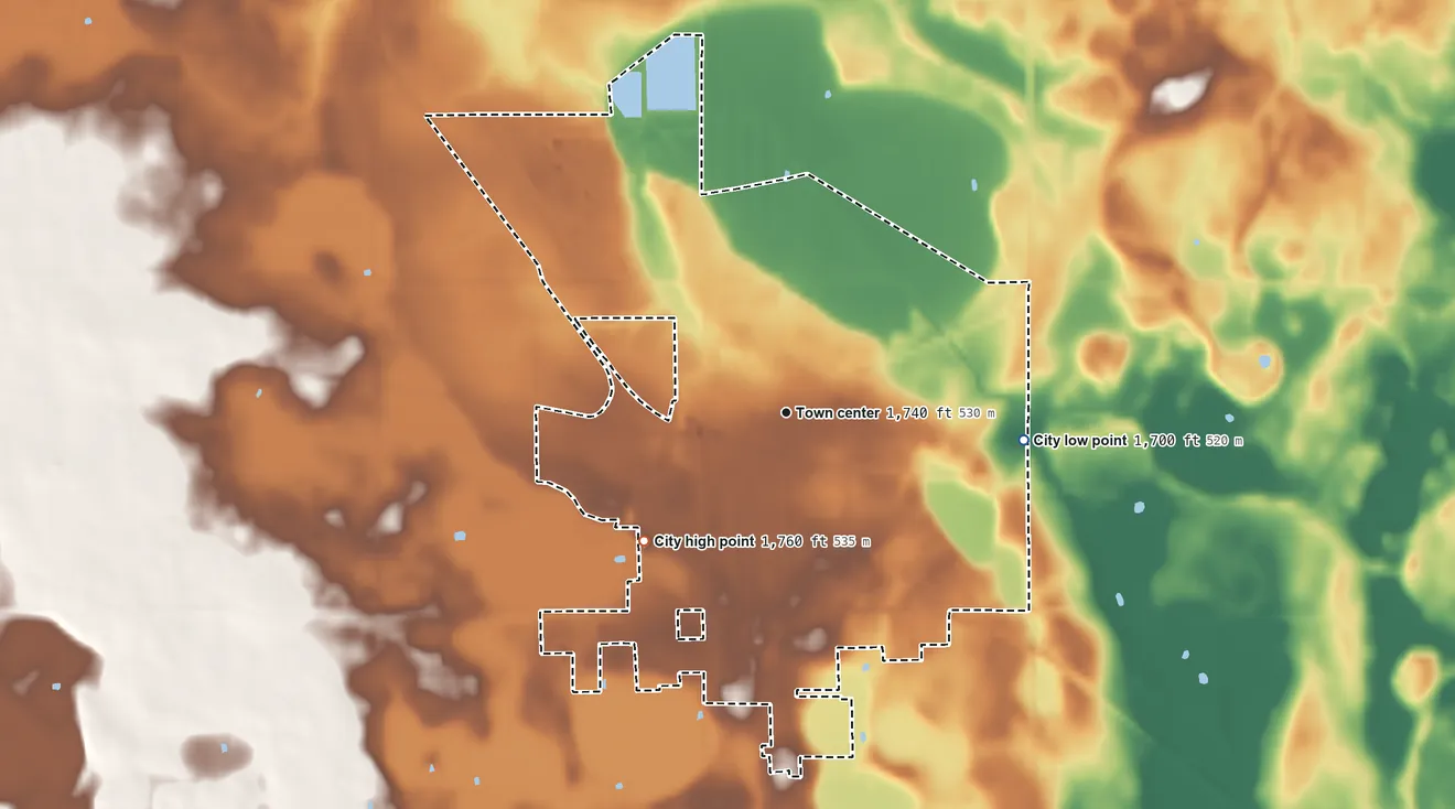Topographic elevation map of Tyler, Minnesota, shaded from 1,700 ft on the east side to 1,760 ft on the southwest side