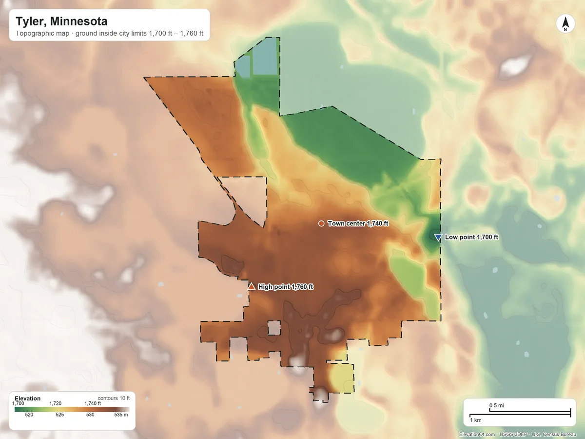 Topographic elevation map of Tyler, Minnesota, shaded from 1,700 ft on the east side to 1,760 ft on the southwest side