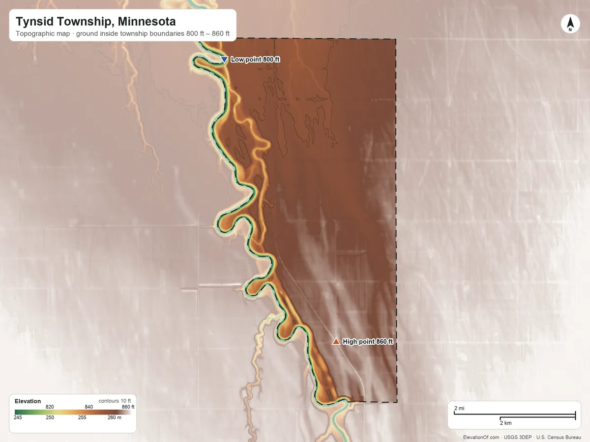 Topographic elevation map of Tynsid Township, Minnesota, shaded from 800 ft on the northwest side to 860 ft on the south side