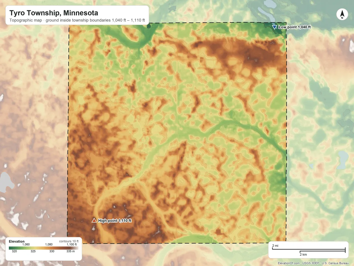 Topographic elevation map of Tyro Township, Minnesota, shaded from 1,040 ft on the northeast side to 1,110 ft on the southwest side