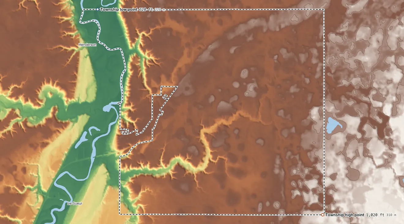 Topographic elevation map of Tyrone Township, Minnesota, shaded from 720 ft on the northwest side to 1,020 ft on the southeast side