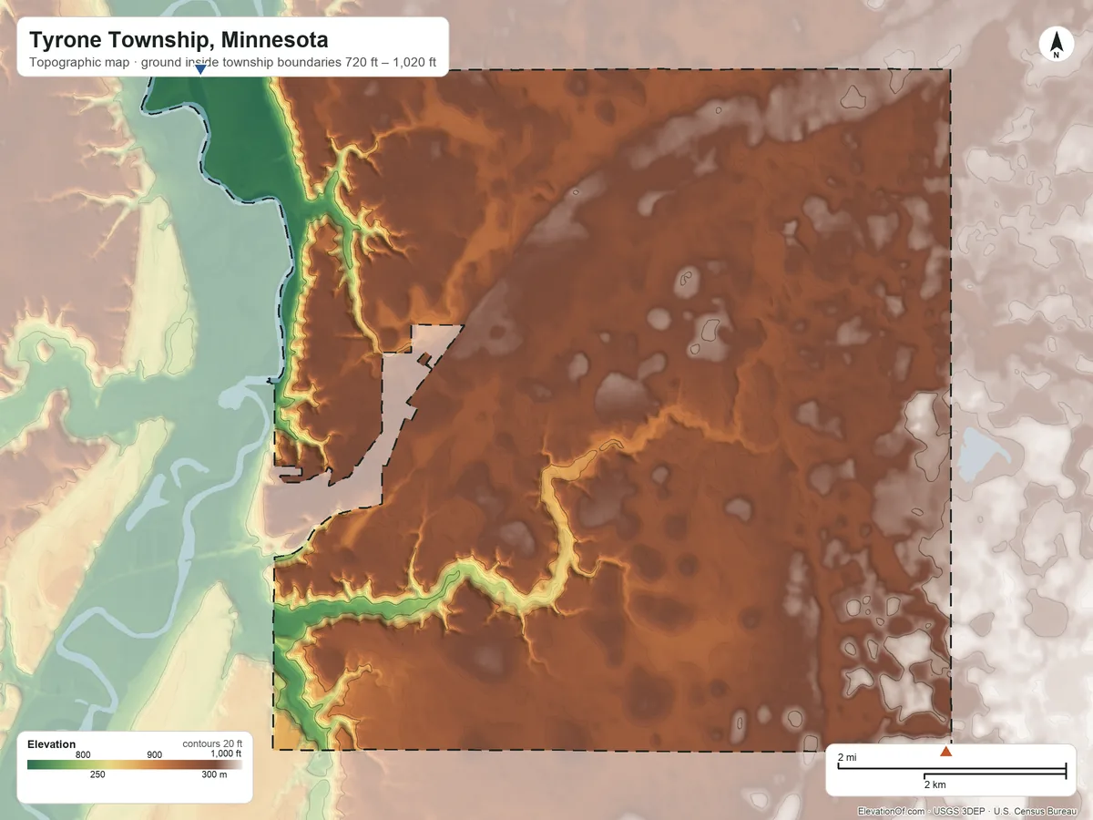 Topographic elevation map of Tyrone Township, Minnesota, shaded from 720 ft on the northwest side to 1,020 ft on the southeast side