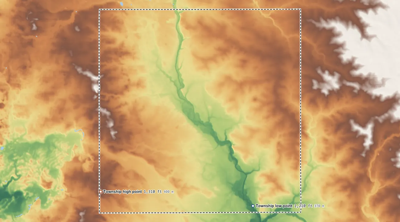 Topographic elevation map of Udolpho Township, Minnesota, shaded from 1,210 ft on the south side to 1,310 ft on the southwest side