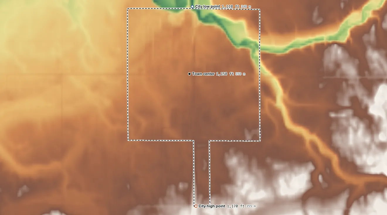 Topographic elevation map of Ulen, Minnesota, shaded from 1,110 ft on the north side to 1,170 ft on the south side