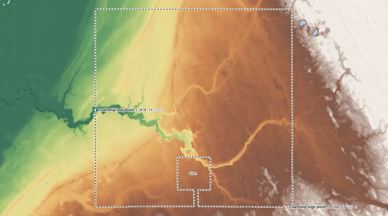 Topographic elevation map of Ulen Township, Minnesota, shaded from 1,070 ft on the west side to 1,180 ft on the southeast side