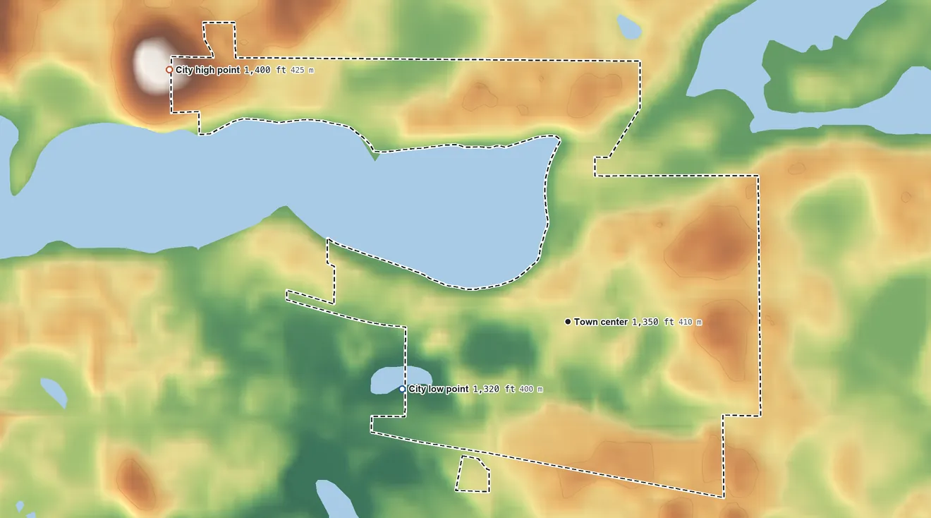 Topographic elevation map of Underwood, Minnesota, shaded from 1,320 ft on the west side to 1,400 ft on the northwest side