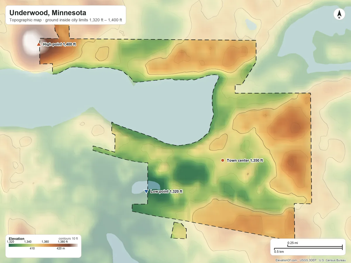 Topographic elevation map of Underwood, Minnesota, shaded from 1,320 ft on the west side to 1,400 ft on the northwest side