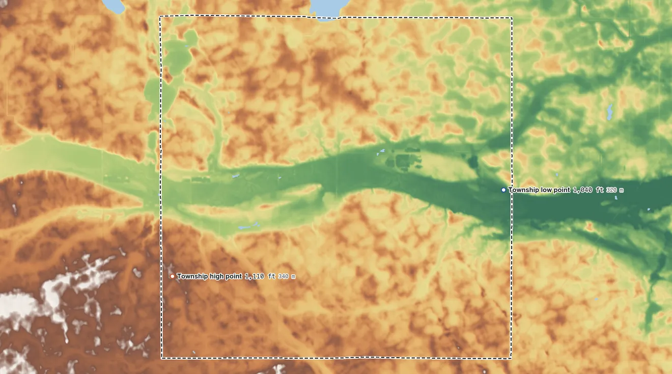 Topographic elevation map of Underwood Township, Minnesota, shaded from 1,040 ft on the east side to 1,110 ft on the southwest side