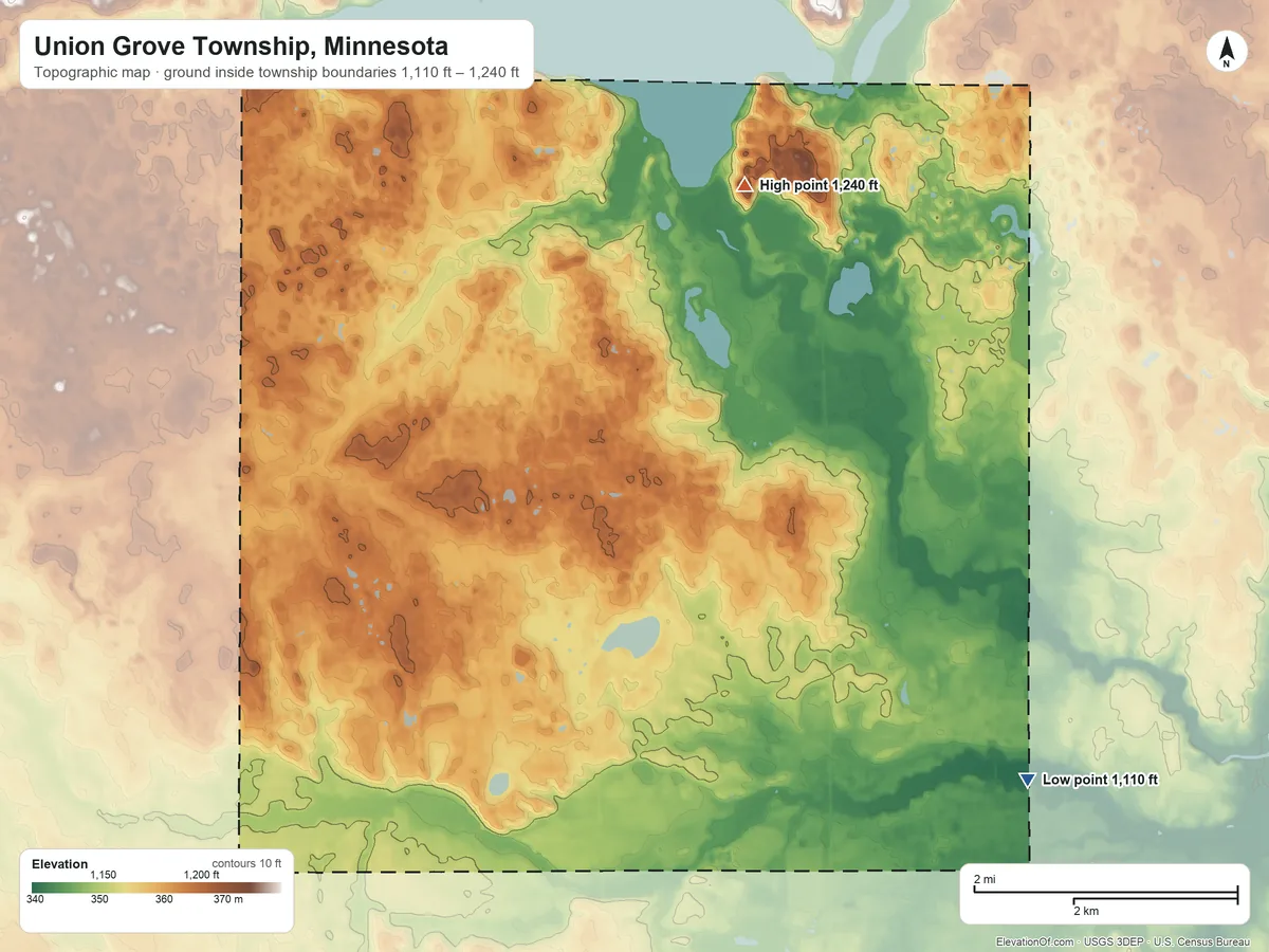 Topographic elevation map of Union Grove Township, Minnesota, shaded from 1,110 ft on the southeast side to 1,240 ft on the northeast side