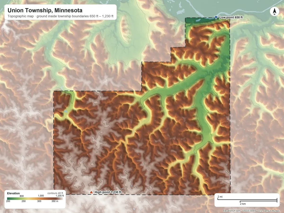 Topographic elevation map of Union Township, Minnesota, shaded from 650 ft on the northeast side to 1,230 ft on the southwest side