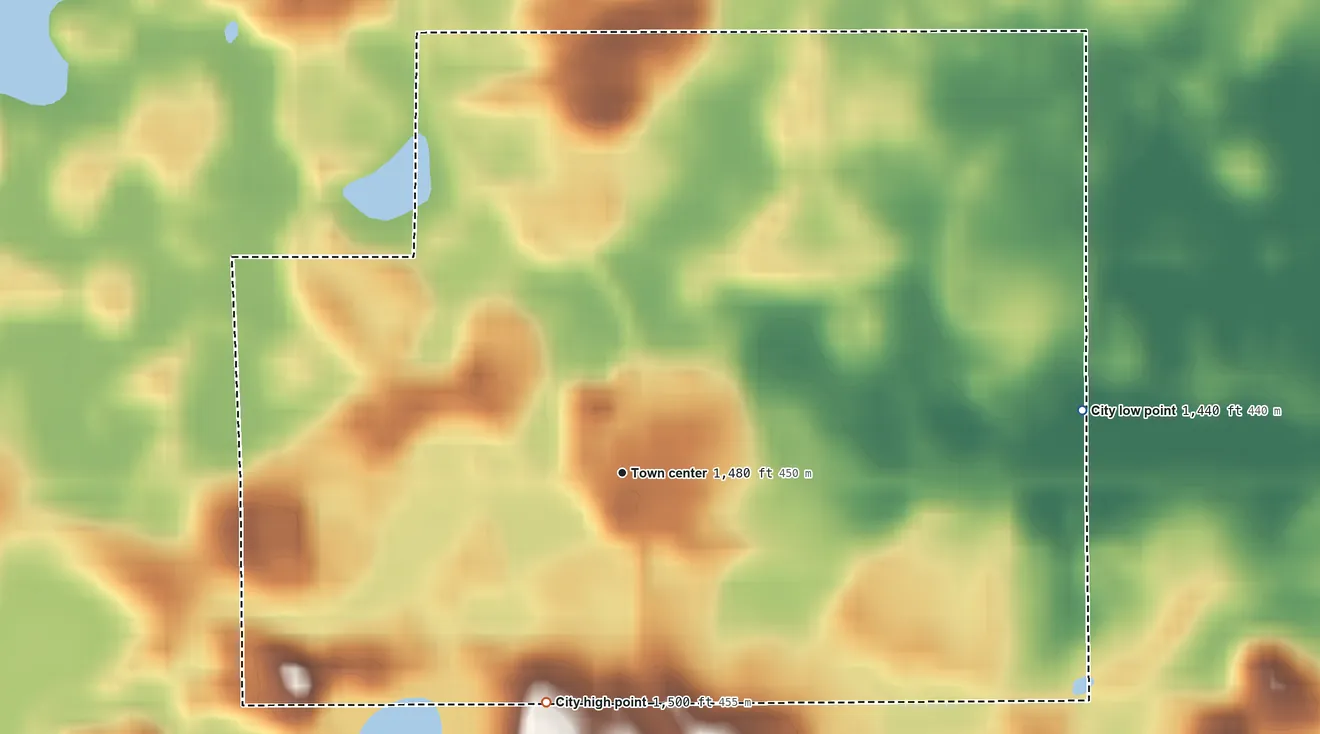 Topographic elevation map of Urbank, Minnesota, shaded from 1,440 ft on the east side to 1,500 ft on the south side
