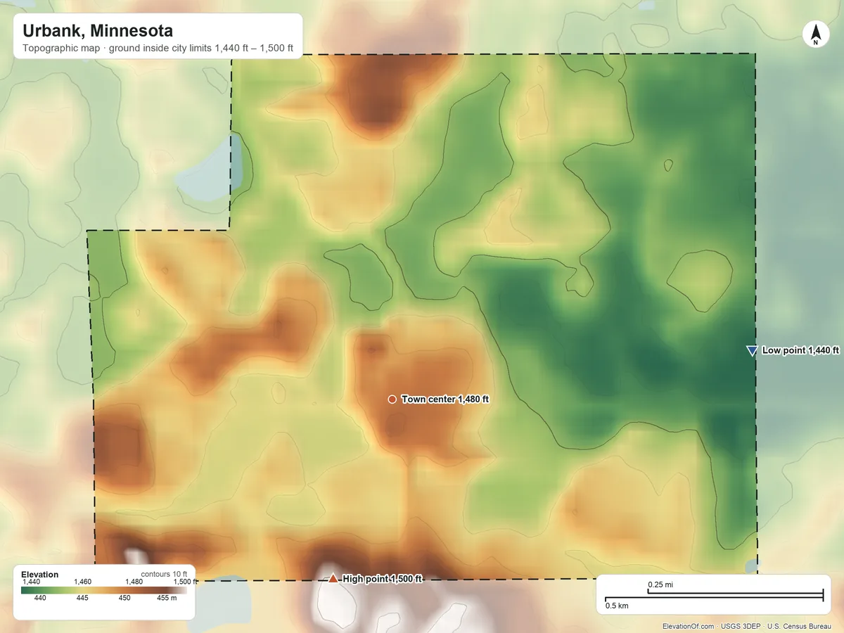 Topographic elevation map of Urbank, Minnesota, shaded from 1,440 ft on the east side to 1,500 ft on the south side
