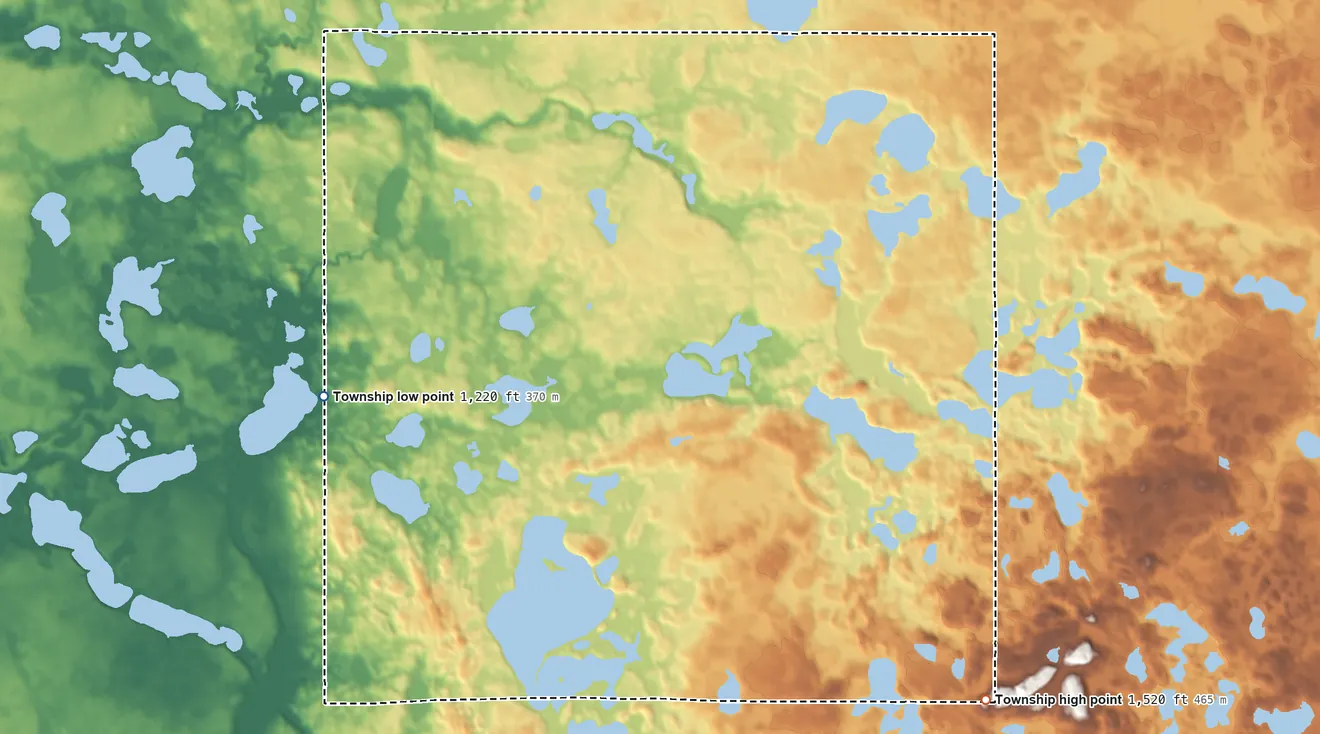 Topographic elevation map of Urness Township, Minnesota, shaded from 1,220 ft on the west side to 1,520 ft on the southeast side