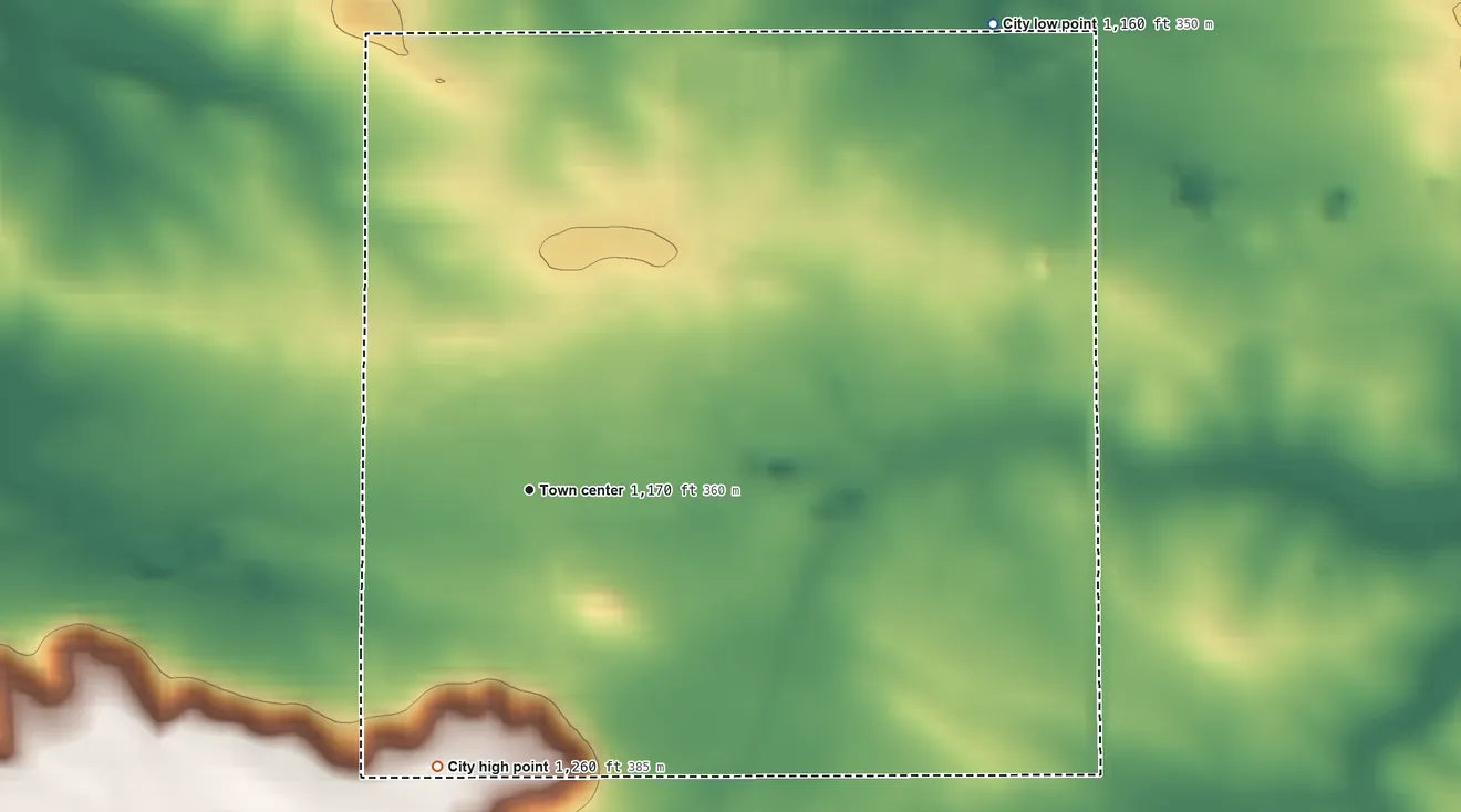 Topographic elevation map of Utica, Minnesota, shaded from 1,160 ft on the northeast side to 1,260 ft on the south side