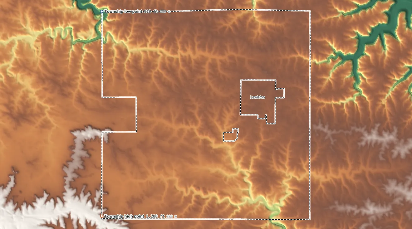Topographic elevation map of Utica Township, Minnesota, shaded from 910 ft on the northwest side to 1,280 ft on the southwest side