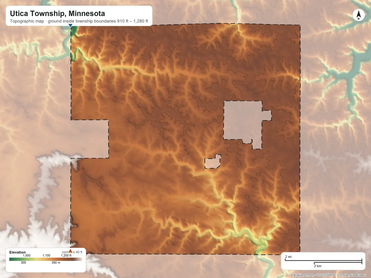 Topographic elevation map of Utica Township, Minnesota, shaded from 910 ft on the northwest side to 1,280 ft on the southwest side