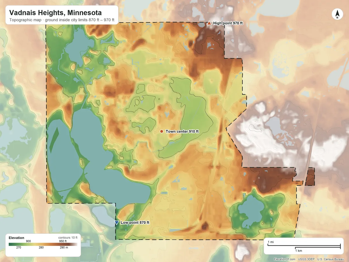 Topographic elevation map of Vadnais Heights, Minnesota, shaded from 870 ft on the southwest side to 970 ft on the northeast side