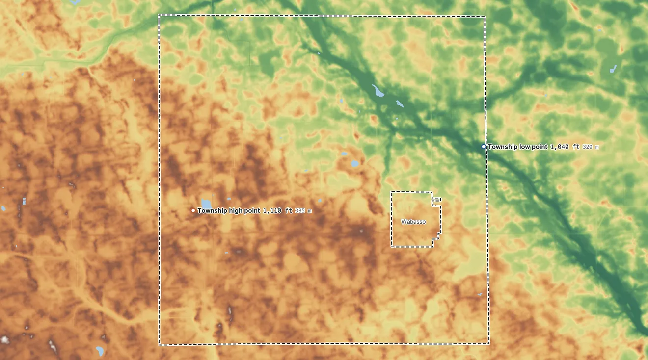 Topographic elevation map of Vail Township, Minnesota, shaded from 1,040 ft on the east side to 1,110 ft on the west side
