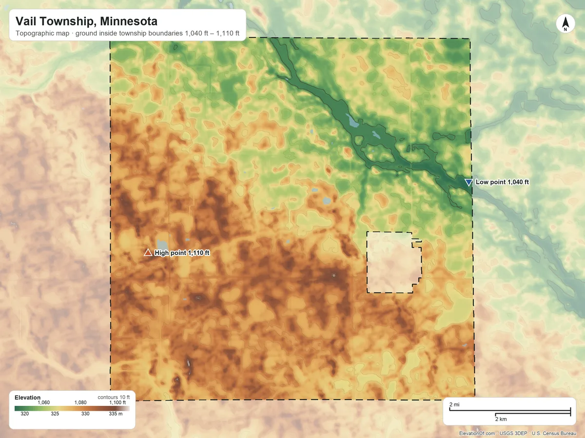 Topographic elevation map of Vail Township, Minnesota, shaded from 1,040 ft on the east side to 1,110 ft on the west side