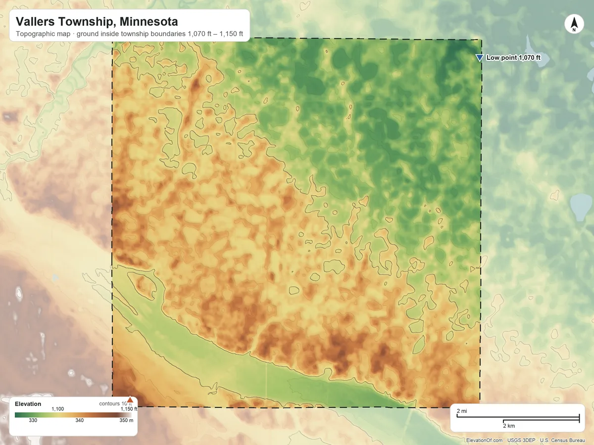 Topographic elevation map of Vallers Township, Minnesota, shaded from 1,070 ft on the northeast side to 1,150 ft on the southwest side