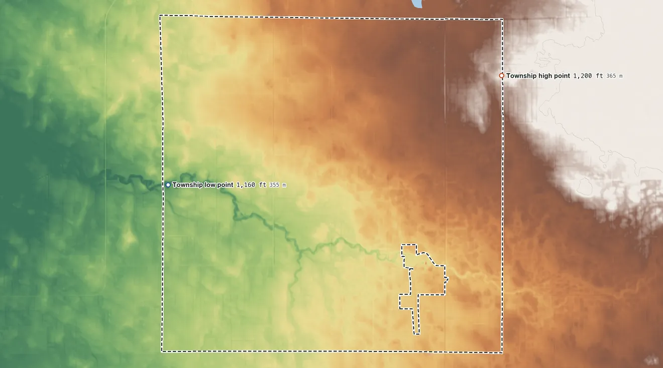 Topographic elevation map of Valley Township, Minnesota, shaded from 1,160 ft on the west side to 1,200 ft on the northeast side