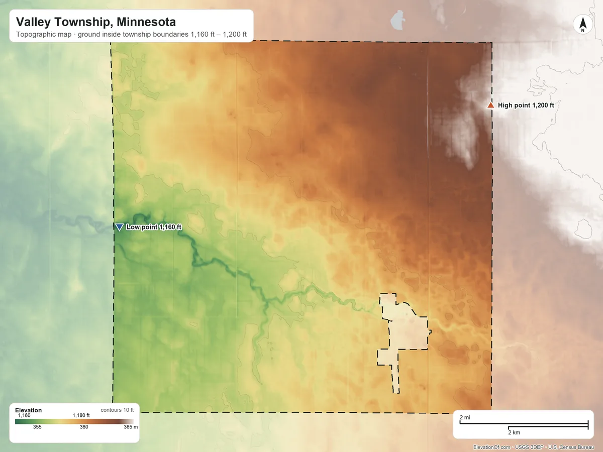 Topographic elevation map of Valley Township, Minnesota, shaded from 1,160 ft on the west side to 1,200 ft on the northeast side