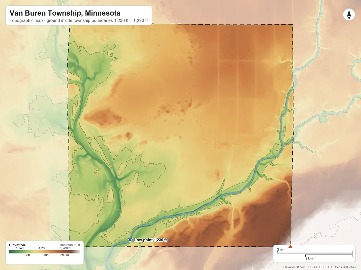 Topographic elevation map of Van Buren Township, Minnesota, shaded from 1,230 ft on the south side to 1,290 ft on the southeast side