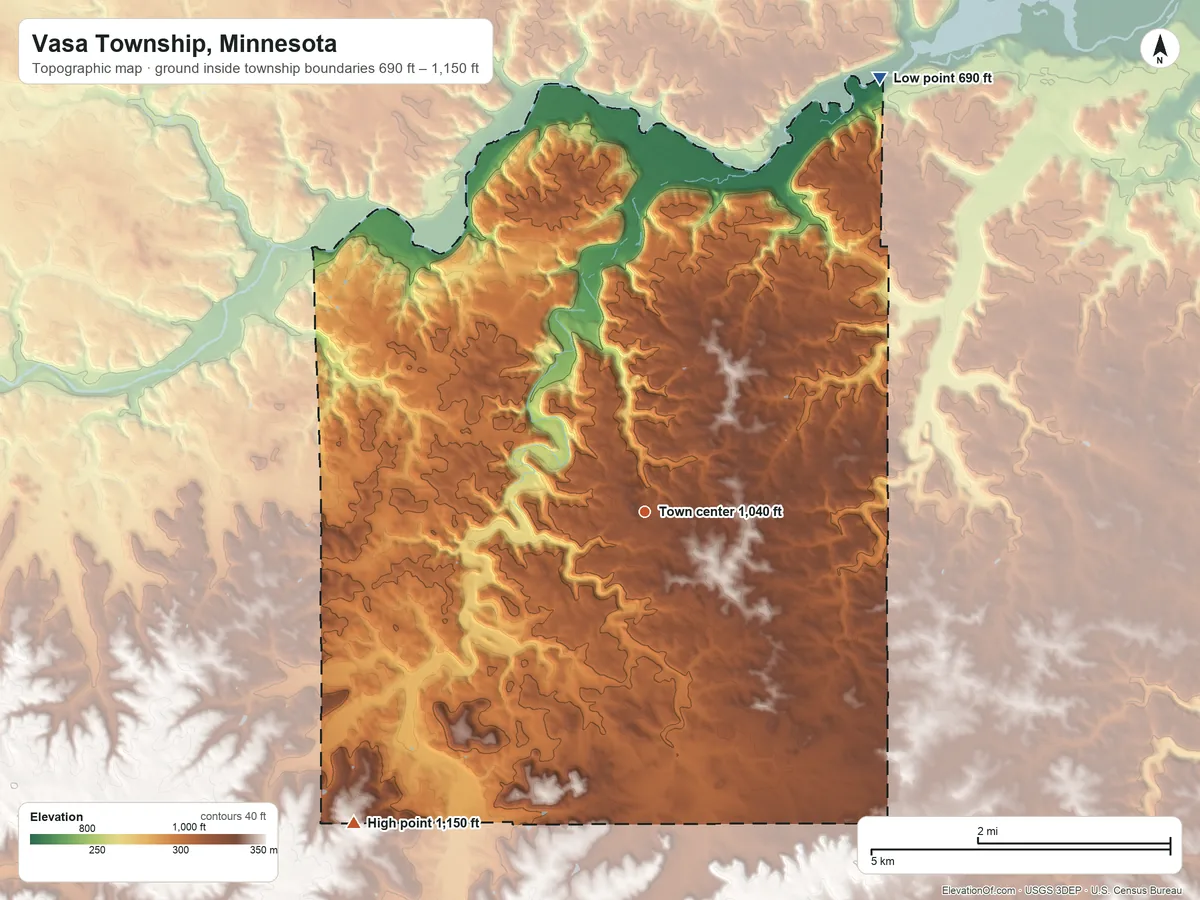 Topographic elevation map of Vasa Township, Minnesota, shaded from 690 ft on the northeast side to 1,150 ft on the southwest side