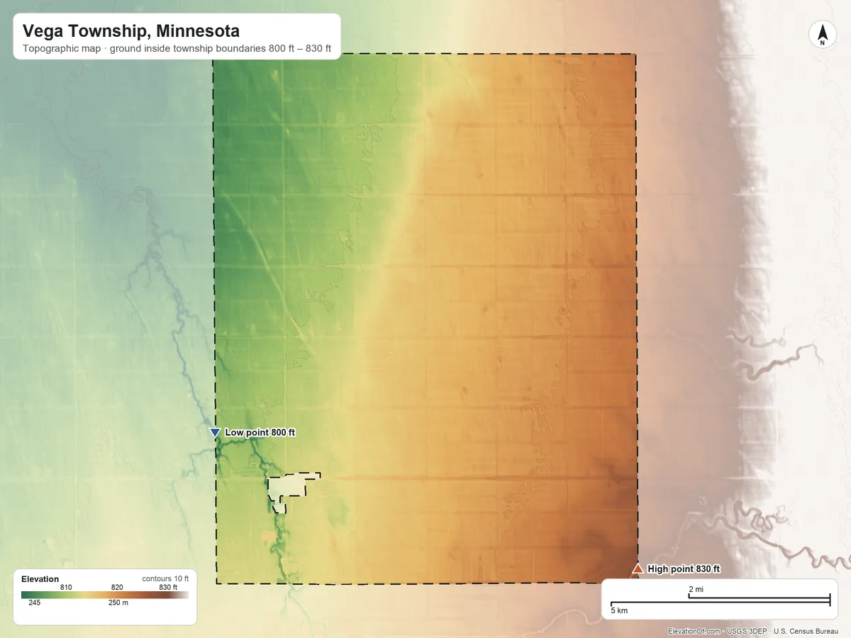 Topographic elevation map of Vega Township, Minnesota, shaded from 800 ft on the southwest side to 830 ft on the southeast side