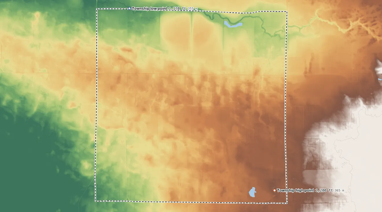 Topographic elevation map of Veldt Township, Minnesota, shaded from 1,170 ft on the northwest side to 1,200 ft on the southeast side