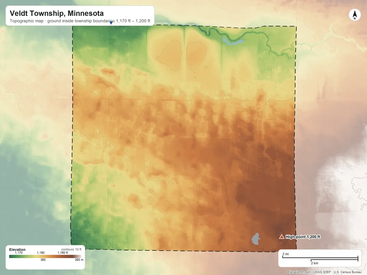 Topographic elevation map of Veldt Township, Minnesota, shaded from 1,170 ft on the northwest side to 1,200 ft on the southeast side
