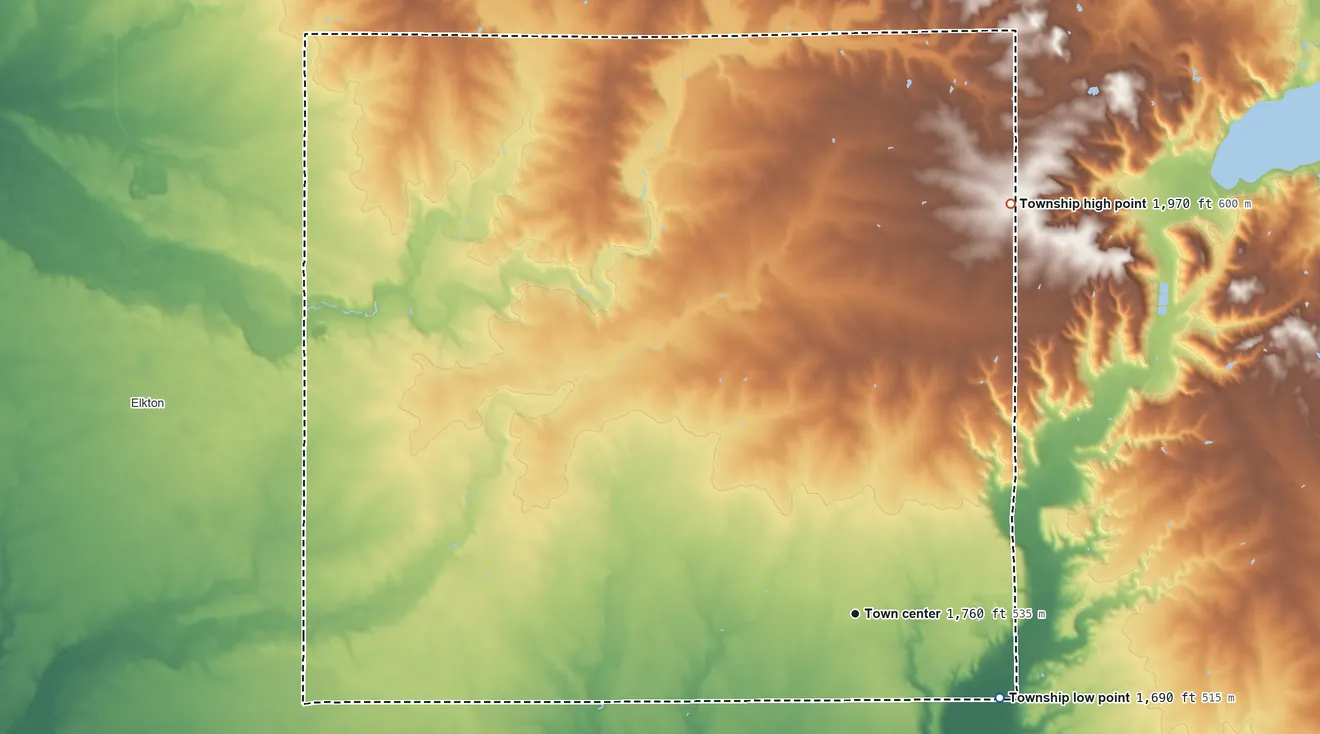 Topographic elevation map of Verdi Township, Minnesota, shaded from 1,690 ft on the southeast side to 1,970 ft on the north side