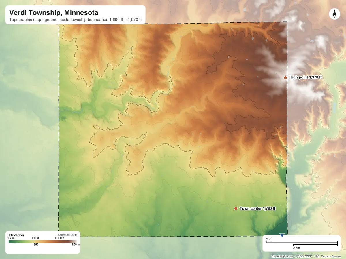 Topographic elevation map of Verdi Township, Minnesota, shaded from 1,690 ft on the southeast side to 1,970 ft on the north side
