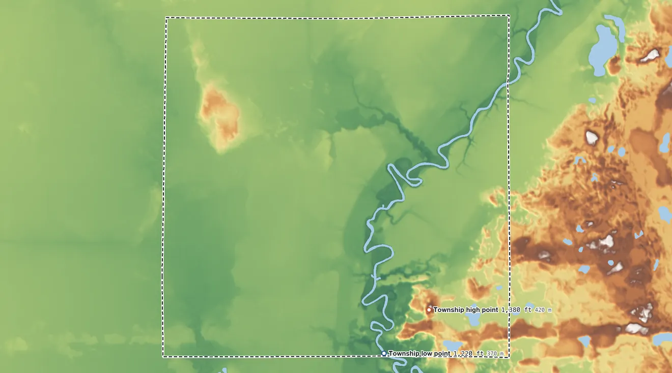 Topographic elevation map of Verdon Township, Minnesota, shaded from 1,220 ft on the south side to 1,380 ft on the south side