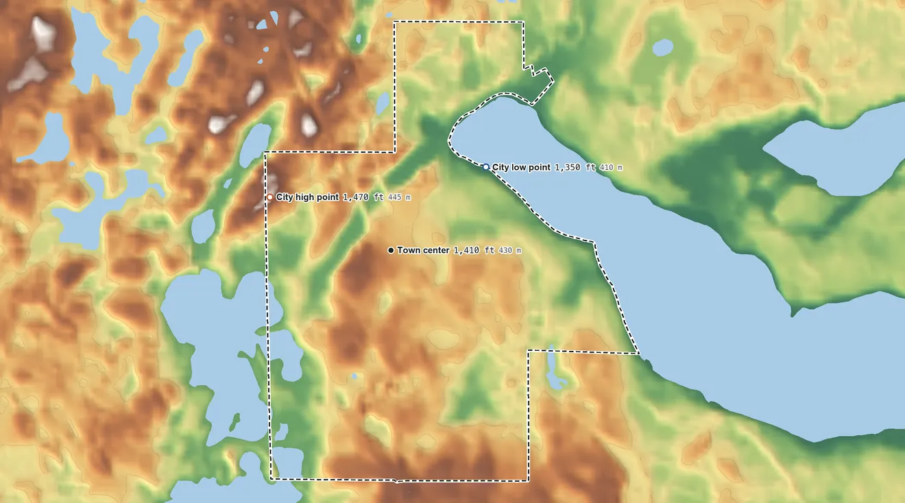Topographic elevation map of Vergas, Minnesota, shaded from 1,350 ft on the northeast side to 1,470 ft on the northwest side