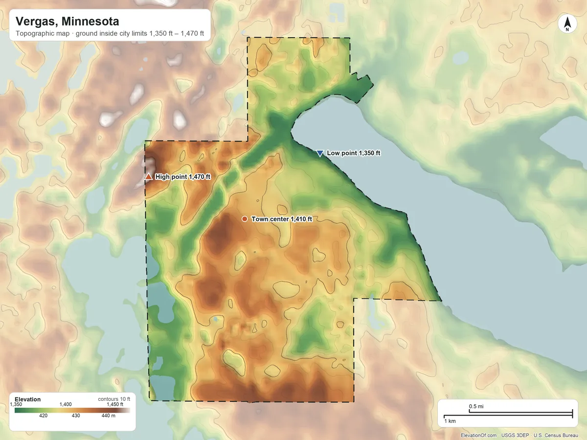 Topographic elevation map of Vergas, Minnesota, shaded from 1,350 ft on the northeast side to 1,470 ft on the northwest side